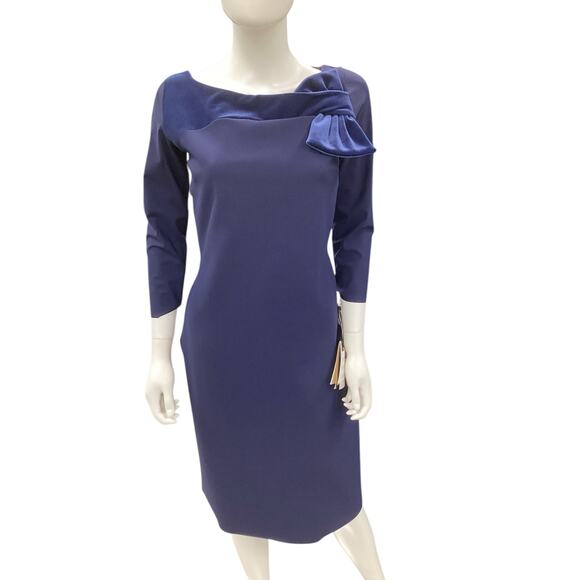 NWT Chiara Boni Dress Size 14 Made In Italy Decorative Satin Bow Navy Blue - Picture 1 of 6